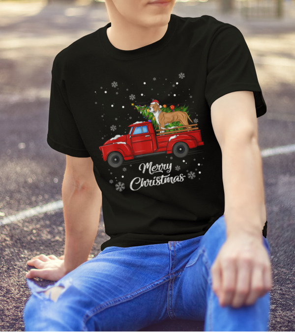 Merry Christmas Pitbull In Red Truck With Christmas Tree And Snowflakes T-Shirt