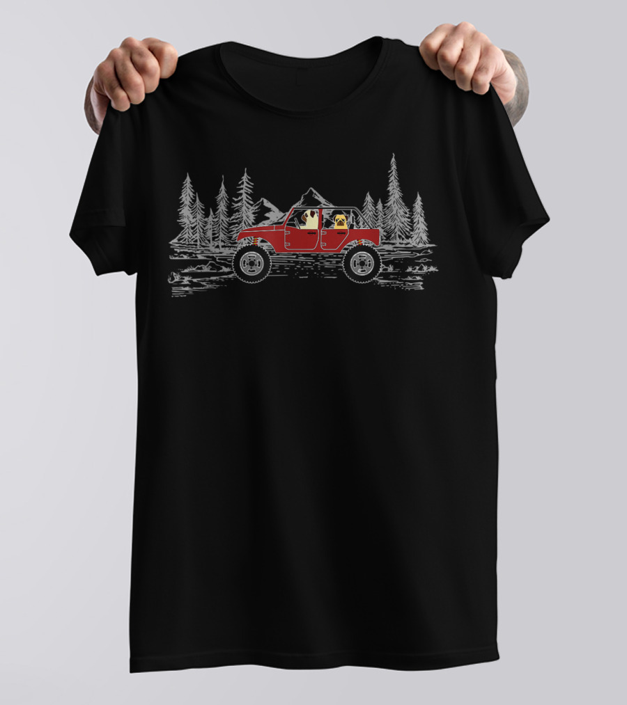 Pugs In A Truck Off-Road Adventure With Funny Pug Dog In Forest Scene T-Shirt