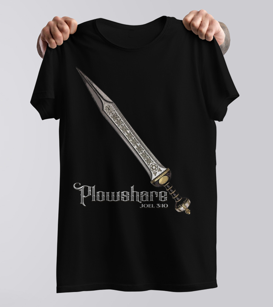 Plowshare Joel 3:10 Sword Design Red Chi Rho Brand T-Shirt