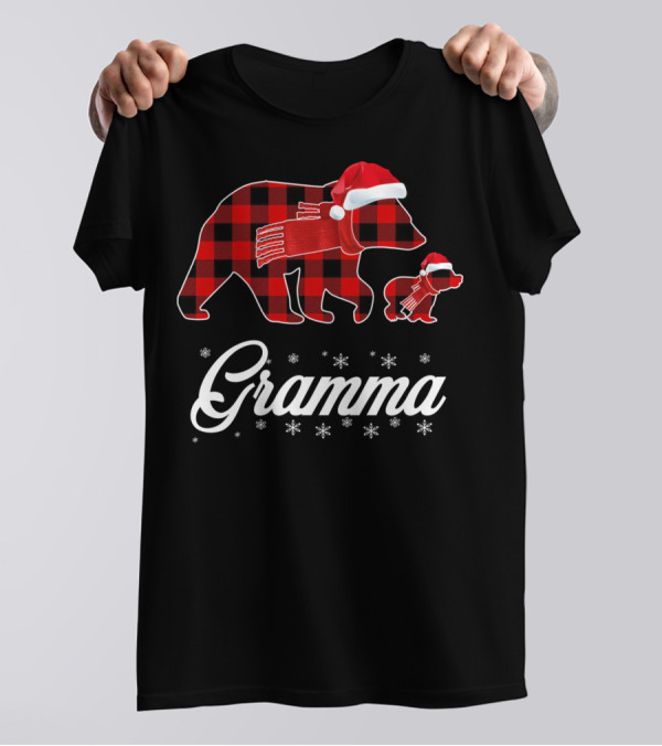 Gramma Bear Red Plaid Buffalo Check Santa Hat Snowflakes T-Shirt