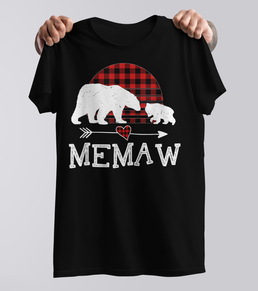 Memaw Bear With Red Plaid Buffalo Check And Heart Arrow T-Shirt