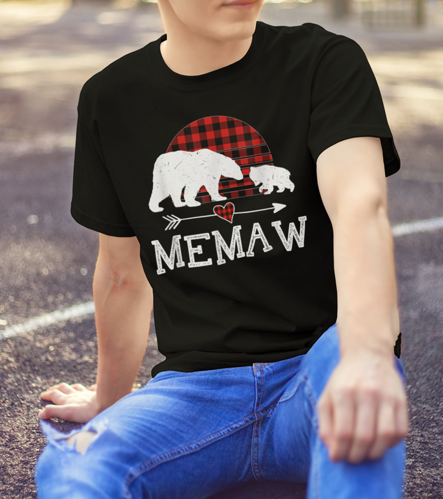 Memaw Bear With Red Plaid Buffalo Check And Heart Arrow T-Shirt