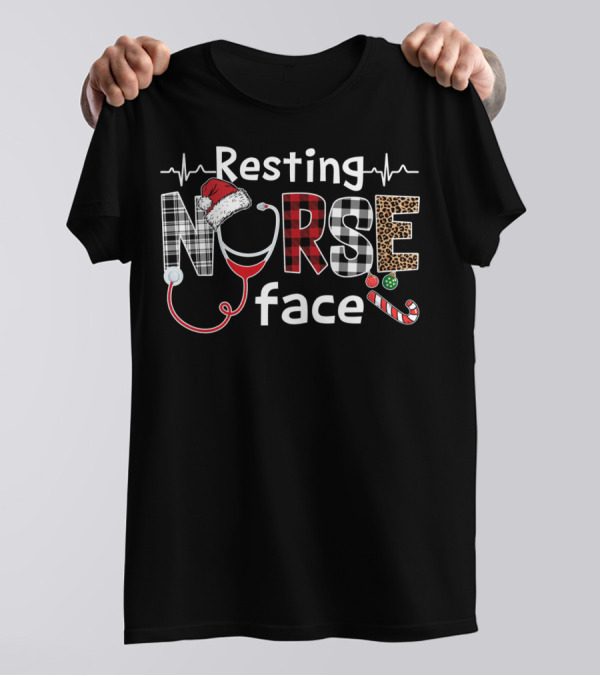 Resting Nurse Face Christmas Plaid Stethoscope Candy Cane Santa Hat Leopard T-Shirt