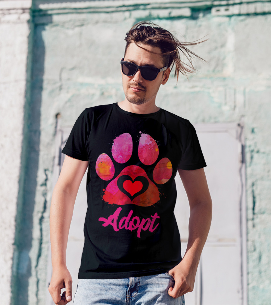 Adopt Love Heart Paw Print Watercolor Rescue Animal Lover T-Shirt