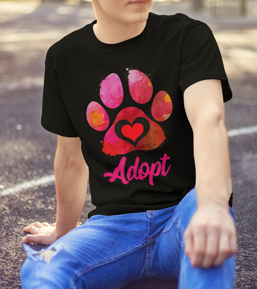 Adopt Love Heart Paw Print Watercolor Rescue Animal Lover T-Shirt