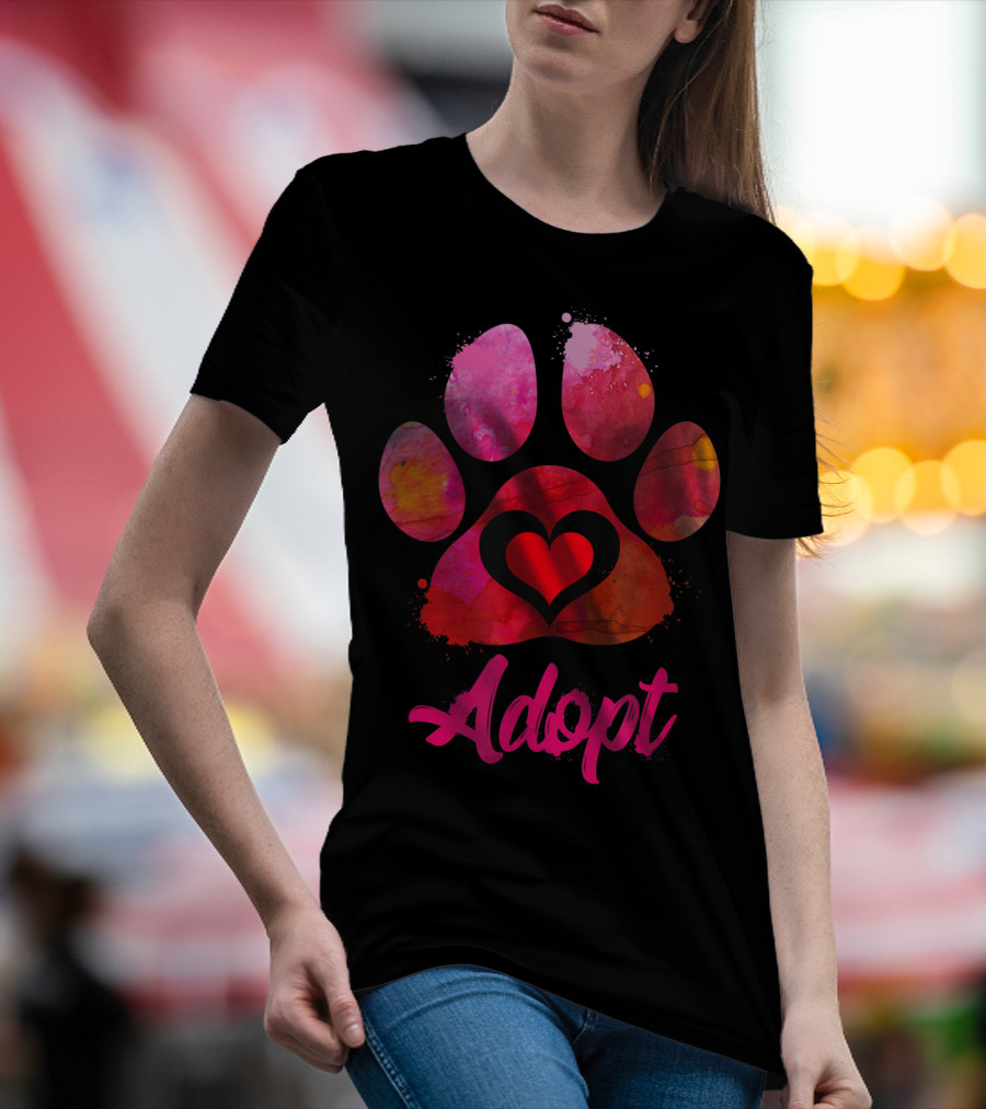 Adopt Love Heart Paw Print Watercolor Rescue Animal Lover T-Shirt