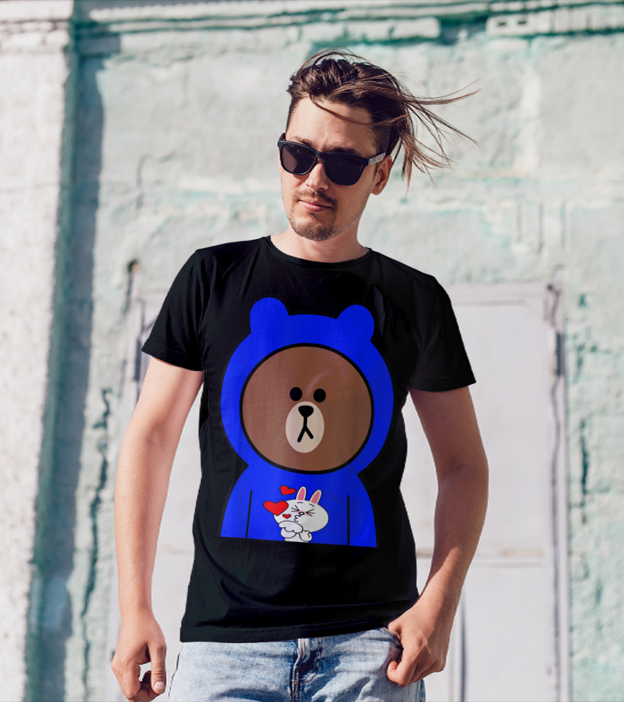 Brown Bear In Blue Hoodie With Cony Bunny Love Hearts T-Shirt