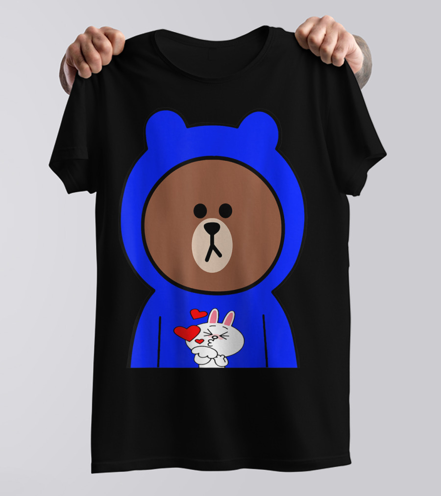 Brown Bear In Blue Hoodie With Cony Bunny Love Hearts T-Shirt