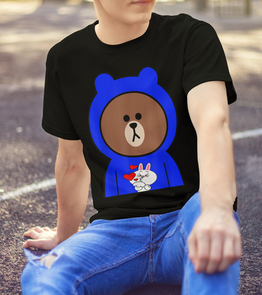 Brown Bear In Blue Hoodie With Cony Bunny Love Hearts T-Shirt