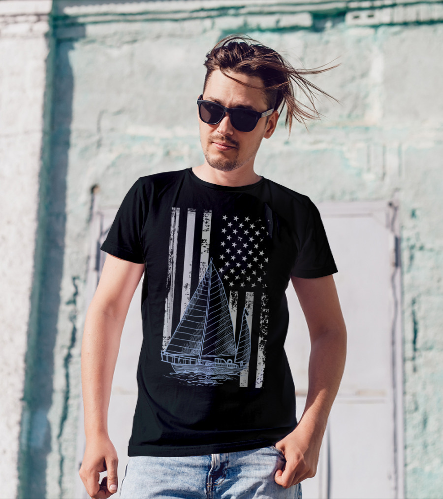 Fun Vintage Sailboat With American Flag Elements T-Shirt