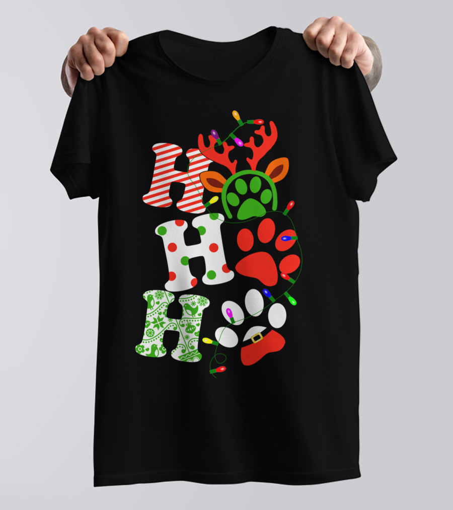 Ho Ho Ho Christmas Dog Paw Santa Lights Reindeer Antlers T-Shirt