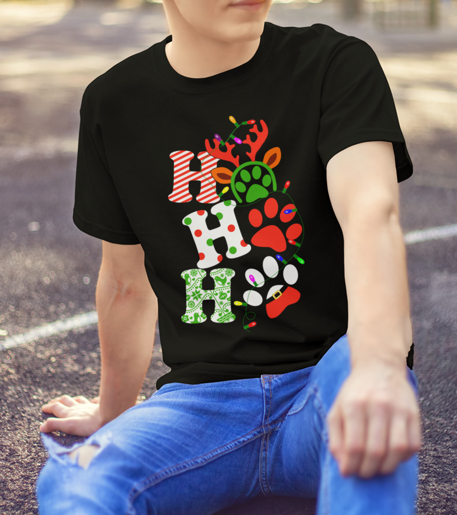 Ho Ho Ho Christmas Dog Paw Santa Lights Reindeer Antlers T-Shirt