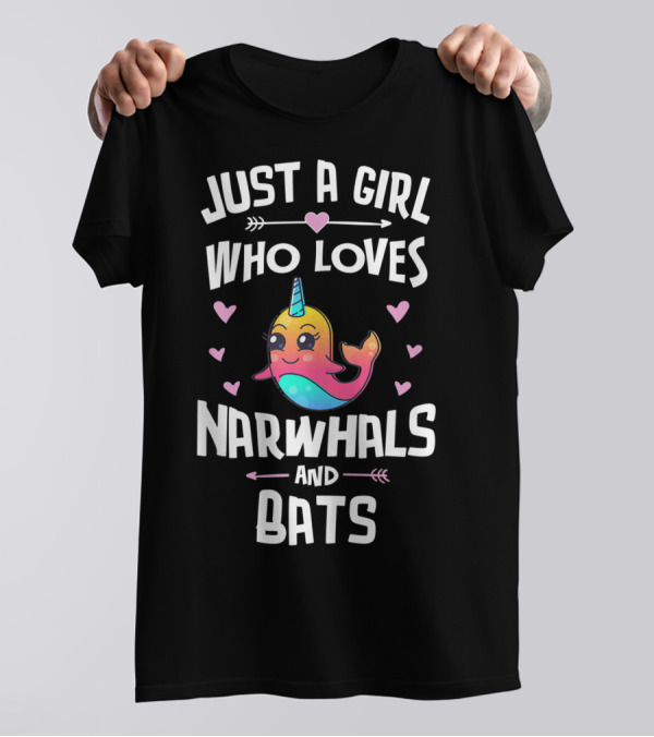 Just A Girl Who Loves Narwhals And Bats Cute Rainbow T-Shirt