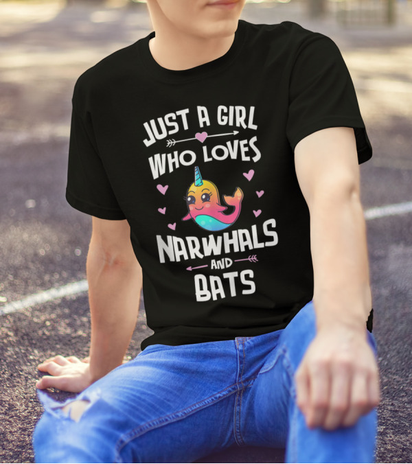 Just A Girl Who Loves Narwhals And Bats Cute Rainbow T-Shirt