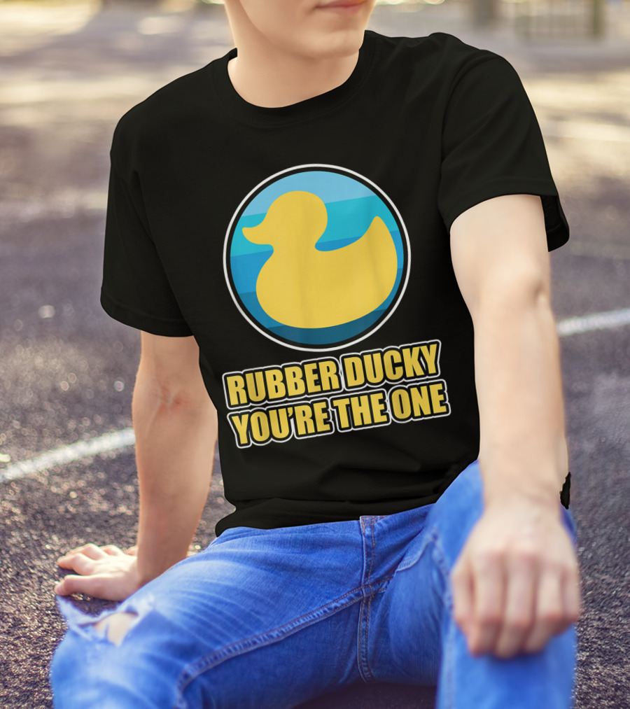 Rubber Ducky You're The One Iconic Yellow Toy Bath Duck Blue Circle Background T-Shirt