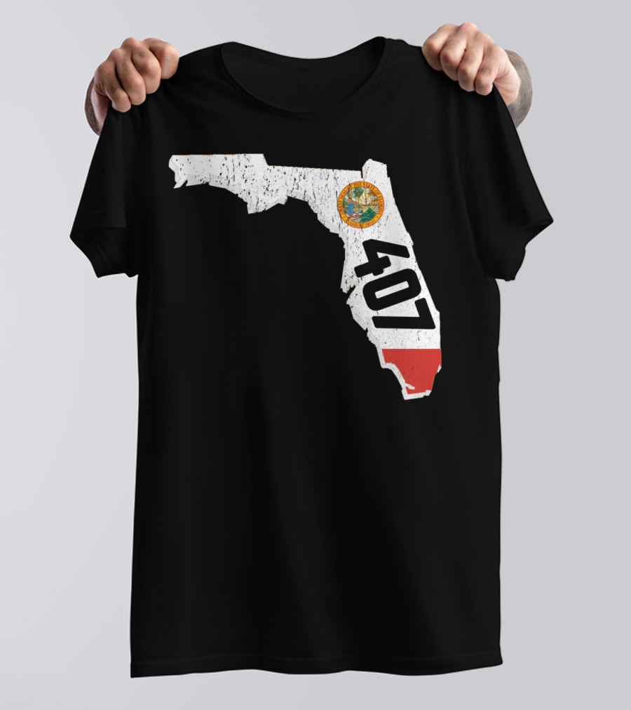 Florida Map Outline With State Seal And 407 Area Code T-Shirt