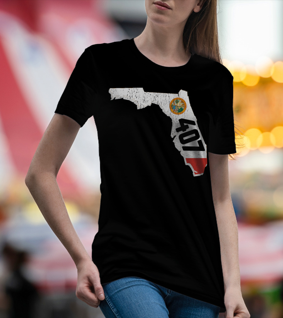 Florida Map Outline With State Seal And 407 Area Code T-Shirt