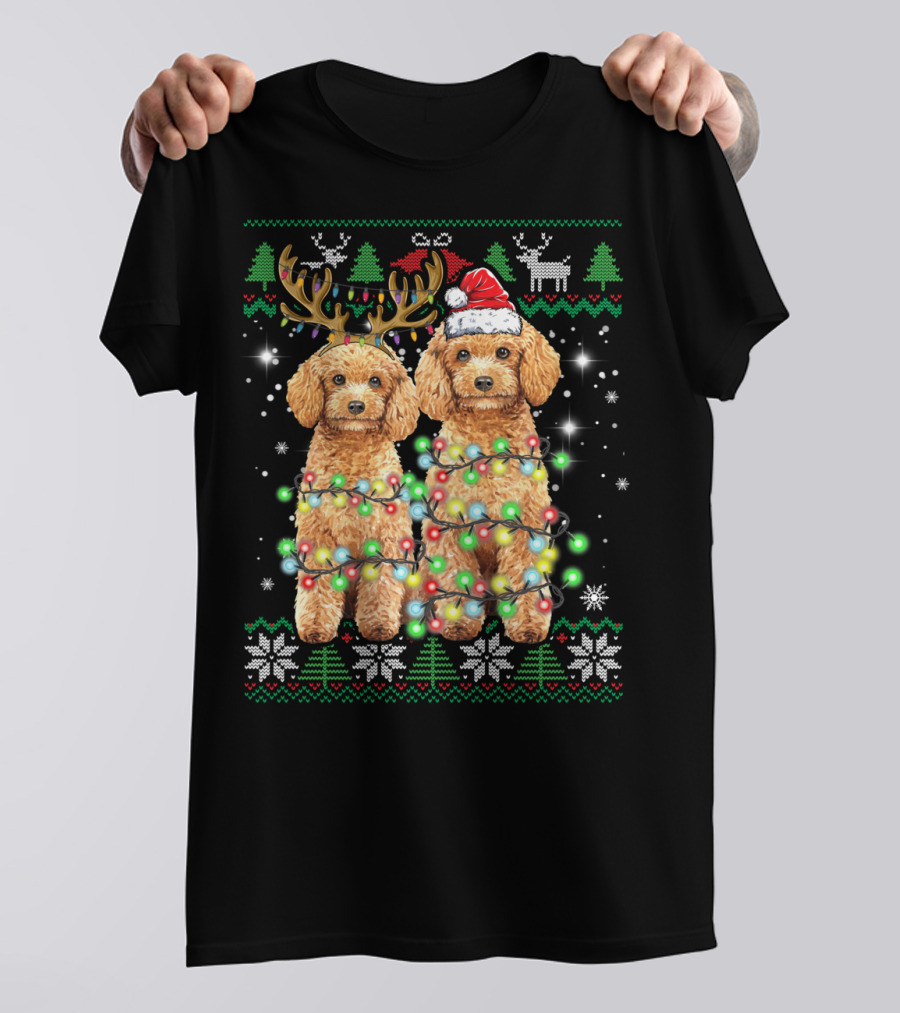 Poodle Dog Ugly Christmas Reindeer Hat Lights Puppy Funny Dog T-Shirt