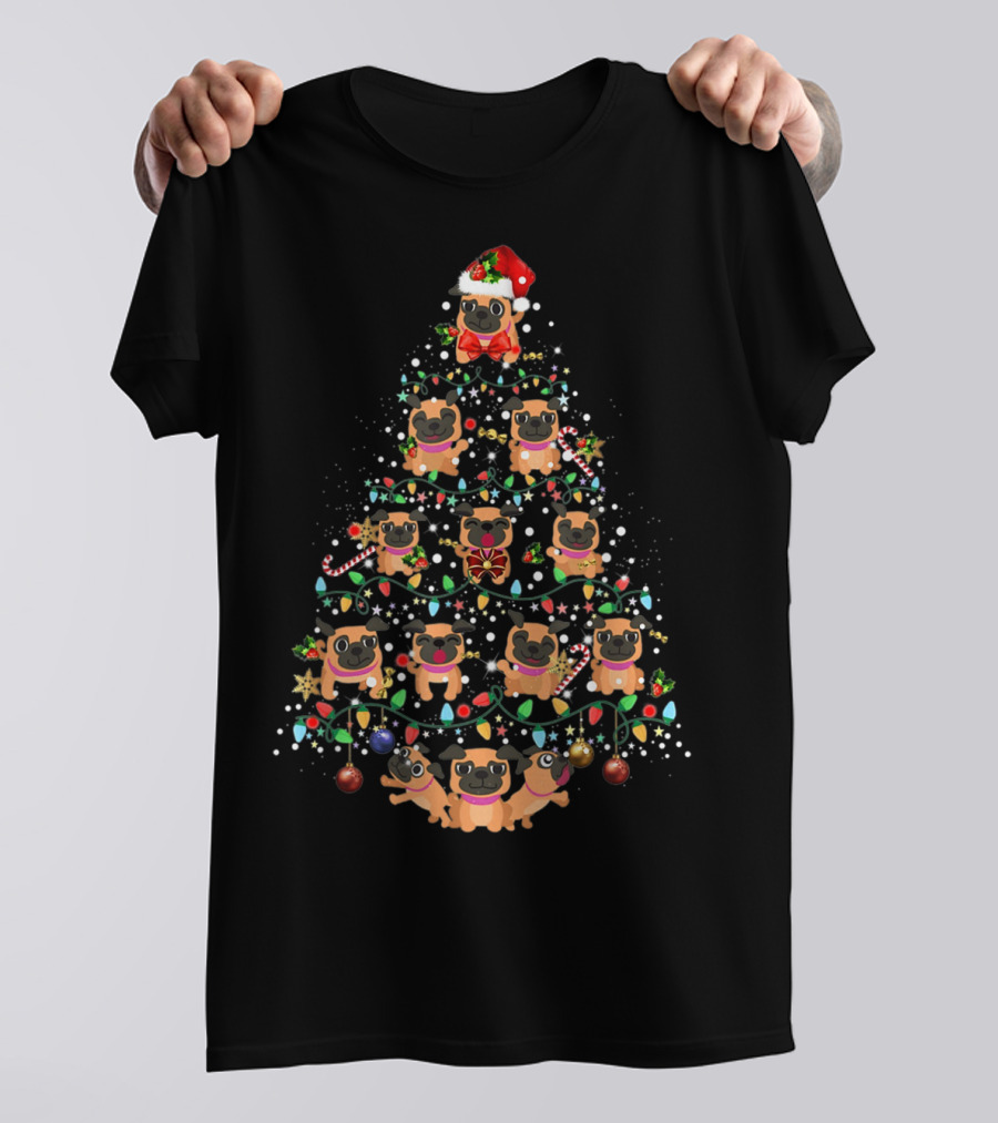 Pug Dog Christmas Tree With Santa Hat And Holiday Decorations T-Shirt