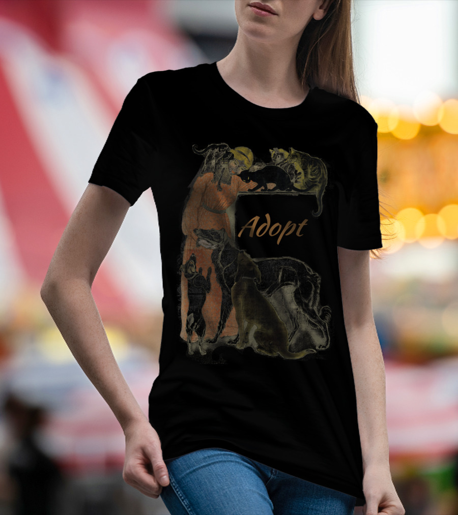 Rescue Adopt Love Dog And Cat Lover With Vintage Style Woman Surrounded By Pets T-Shirt