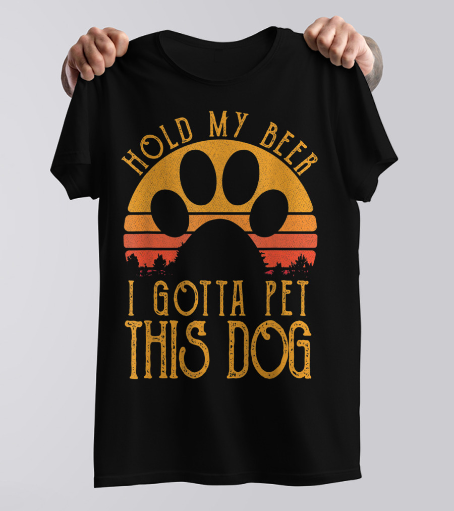 Hold My Beer I Gotta Pet This Dog Retro Vintage Paw Print Sunset T-Shirt