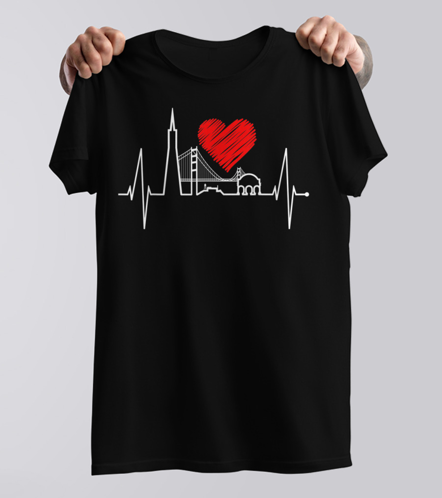 San Francisco Heartbeat Skyline California USA Iconic Landmarks With Heart And Pulse T-Shirt