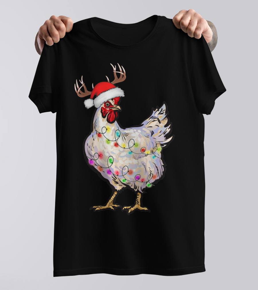 Santa Chicken Reindeer With Christmas Lights And Antlers T-Shirt
