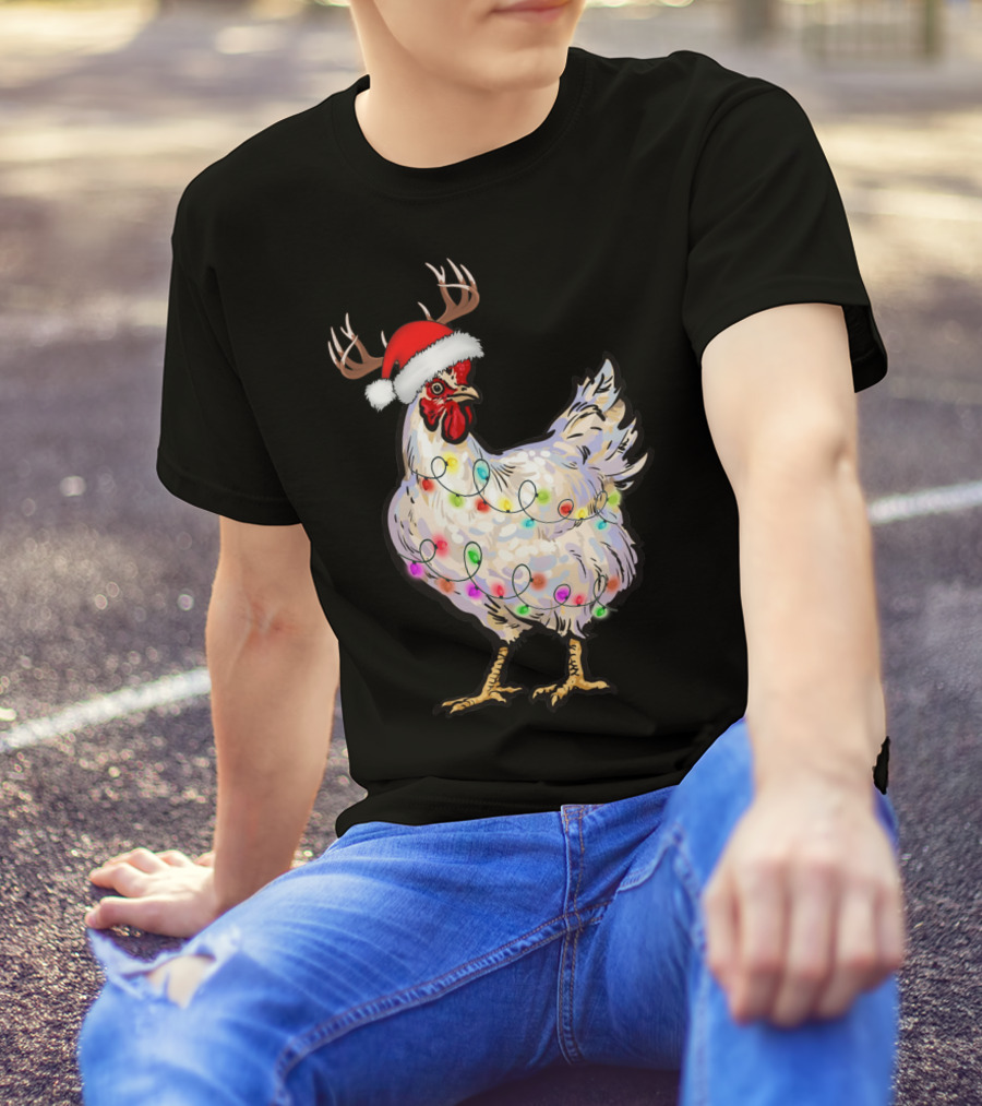 Santa Chicken Reindeer With Christmas Lights And Antlers T-Shirt