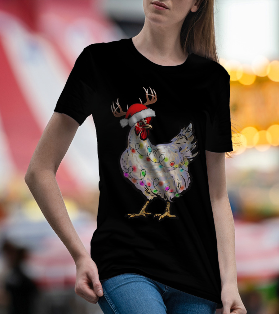 Santa Chicken Reindeer With Christmas Lights And Antlers T-Shirt