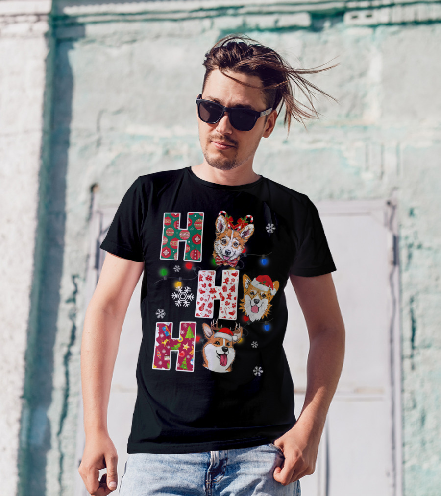 Ho Ho Ho Santa Corgi Christmas Lights Snowflakes T-Shirt