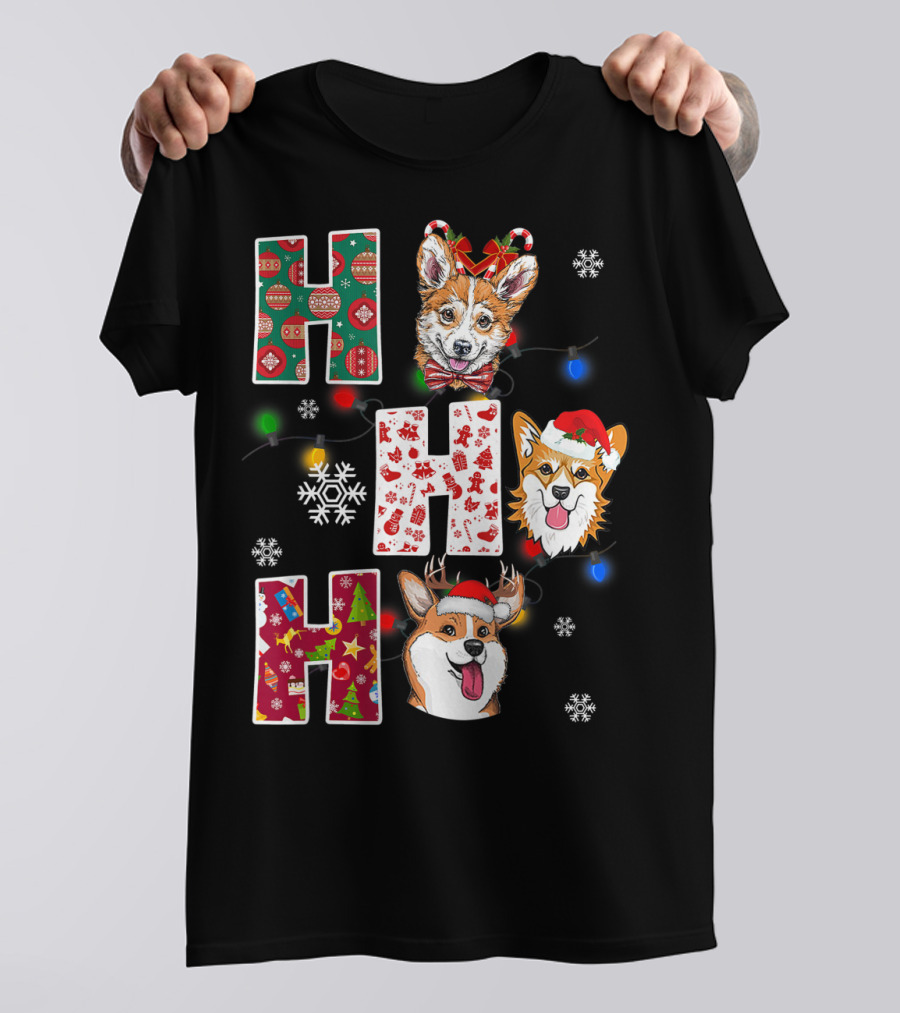 Ho Ho Ho Santa Corgi Christmas Lights Snowflakes T-Shirt