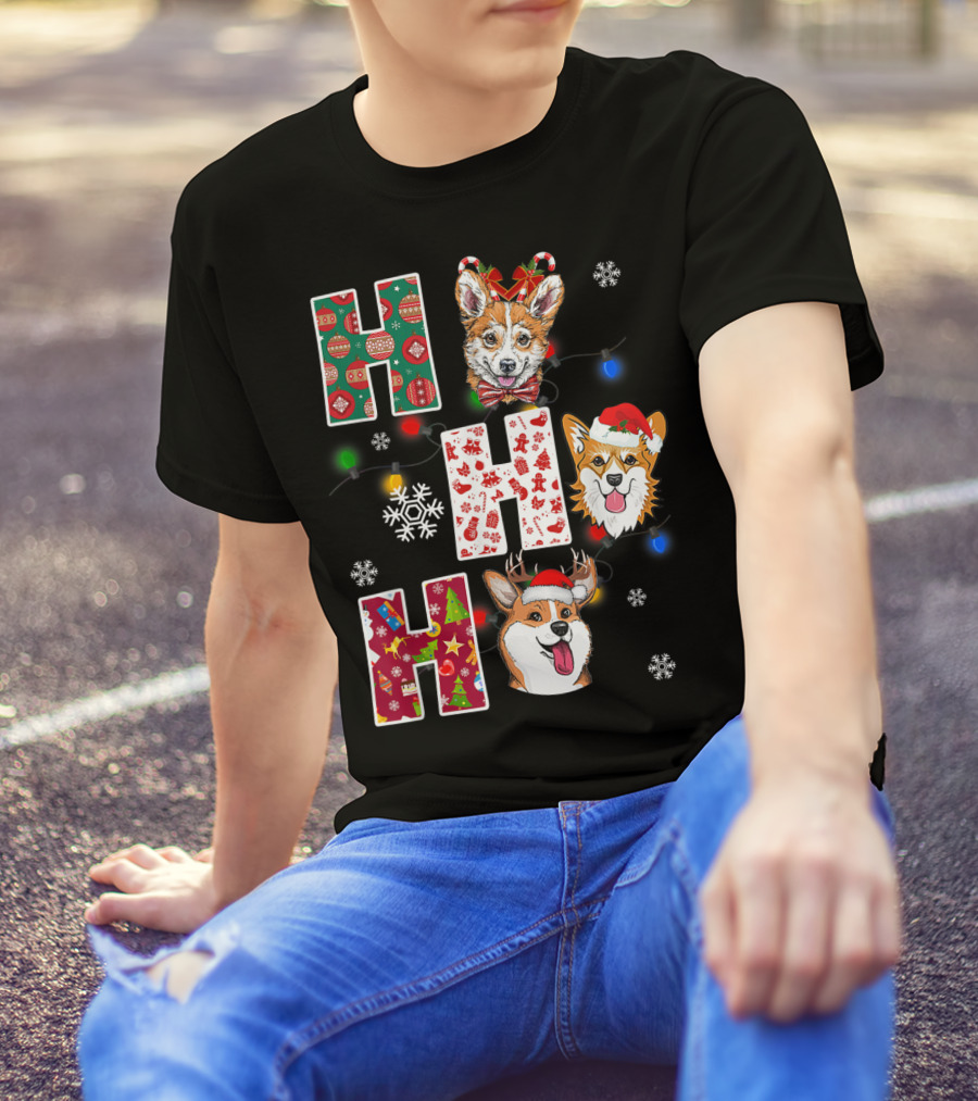 Ho Ho Ho Santa Corgi Christmas Lights Snowflakes T-Shirt