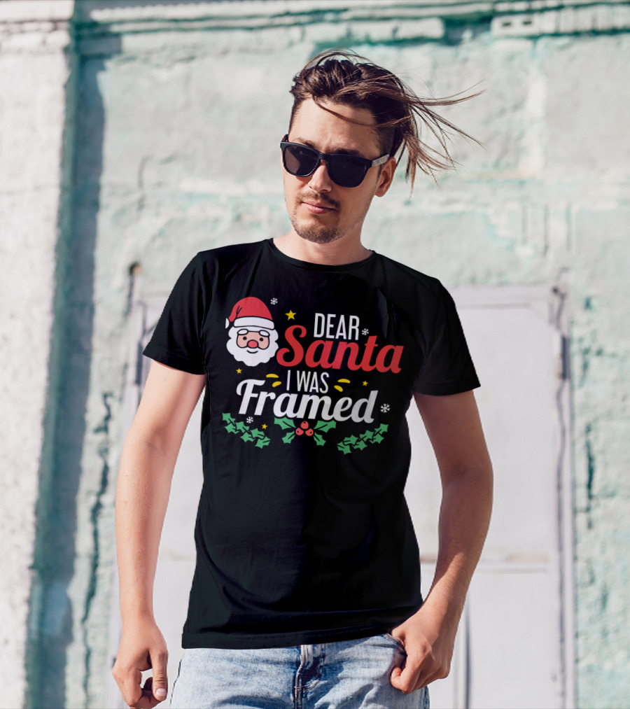 Dear Santa I Was Framed Santa Face Holly Stars T-Shirt