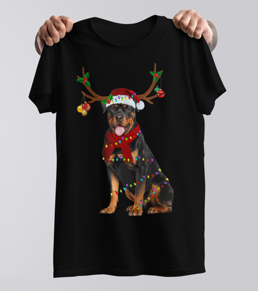 Santa Rottweiler Christmas Reindeer Lights T-Shirt