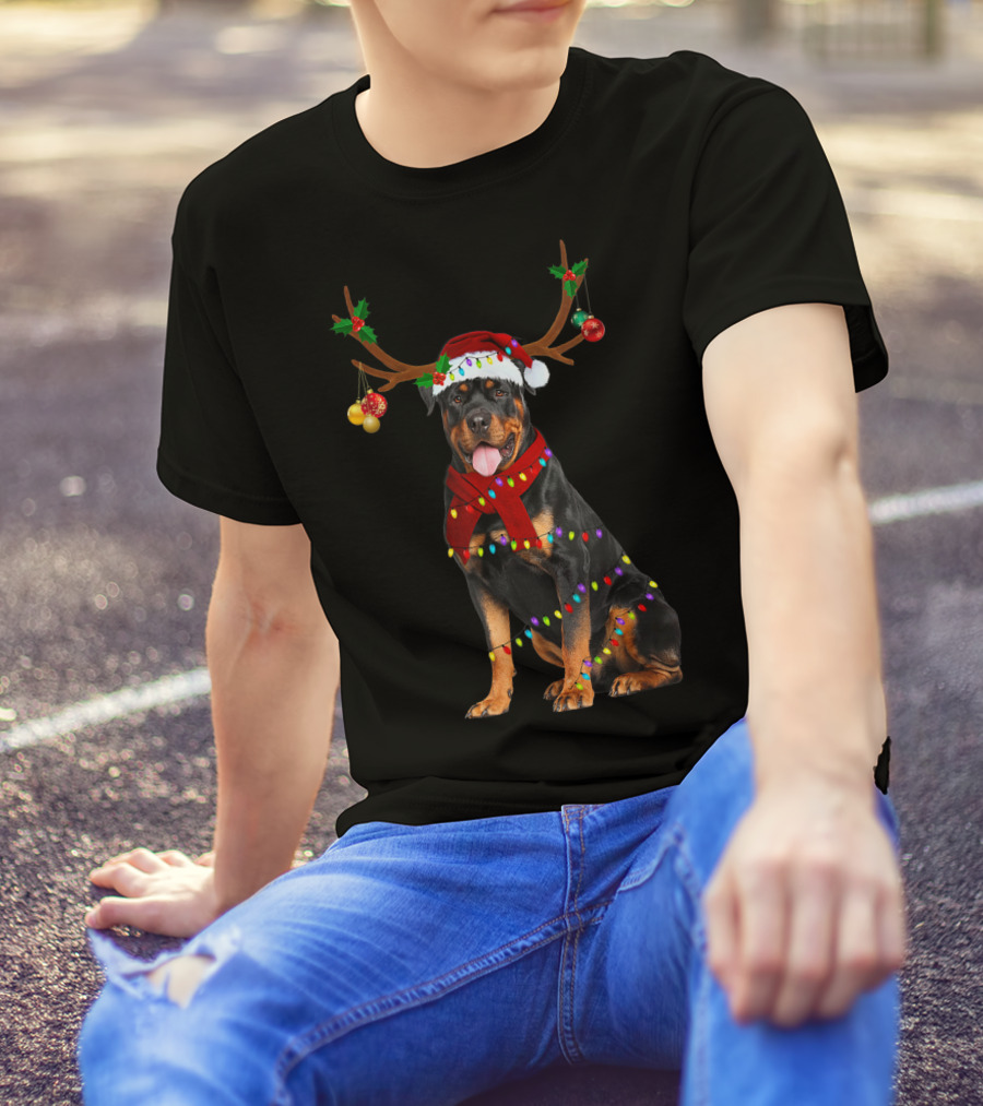 Santa Rottweiler Christmas Reindeer Lights T-Shirt