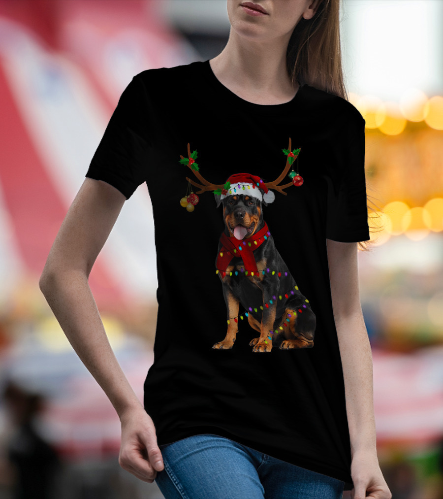 Santa Rottweiler Christmas Reindeer Lights T-Shirt