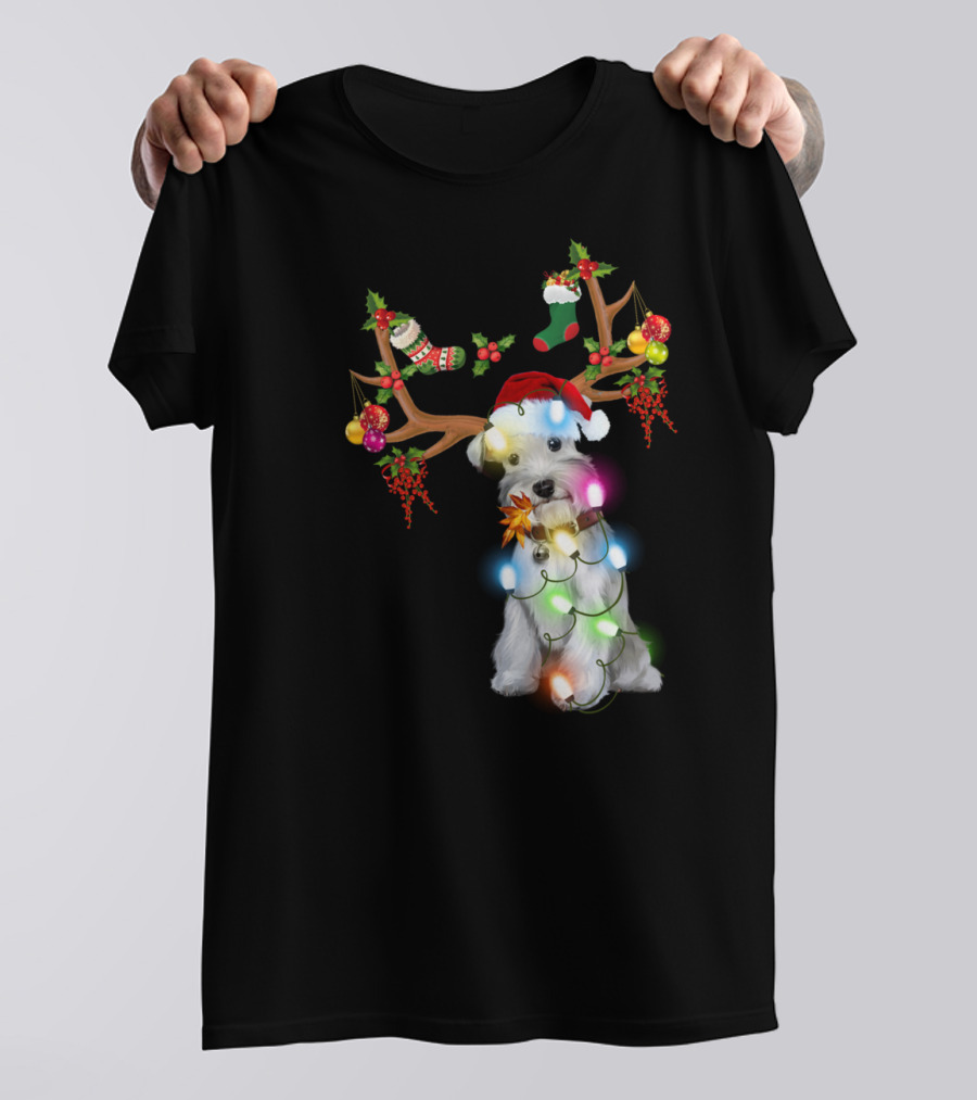 Santa Schnauzer Christmas Lights Reindeer Antlers Holiday Lover T-Shirt