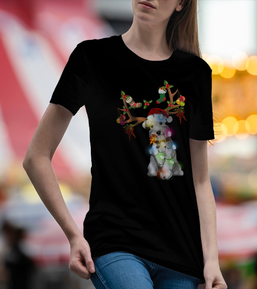 Santa Schnauzer Christmas Lights Reindeer Antlers Holiday Lover T-Shirt