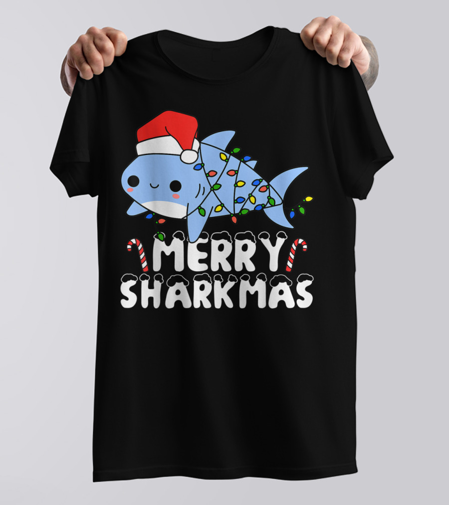 Merry Sharkmas Santa Shark Christmas Lights Boys T-Shirt