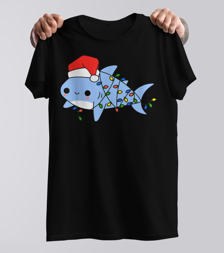 Santa Shark Christmas Lights Festive Sharkmas Boys Holiday T-Shirt