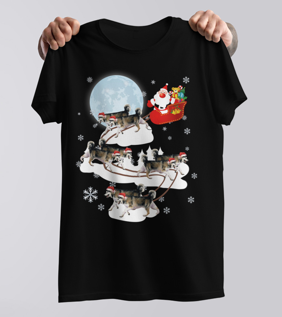 Santa Sleigh Alaskan Malamute Christmas Dog Moon Snowflakes T-Shirt