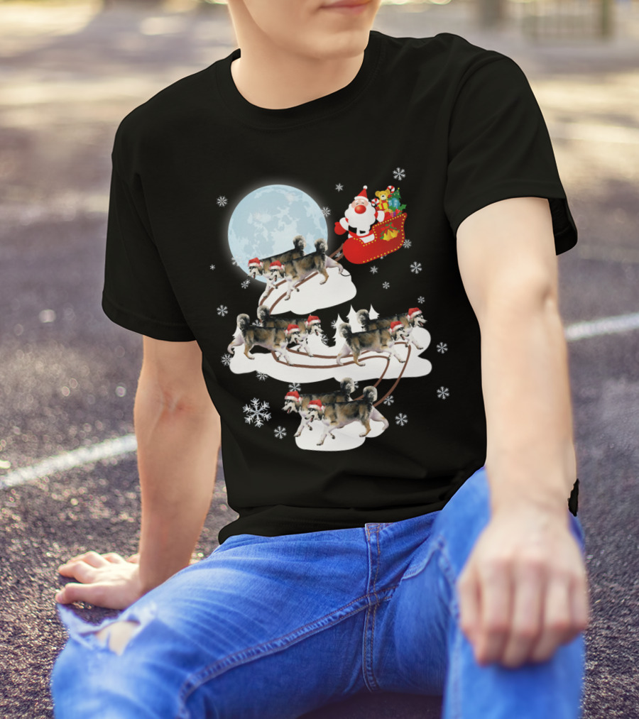 Santa Sleigh Alaskan Malamute Christmas Dog Moon Snowflakes T-Shirt
