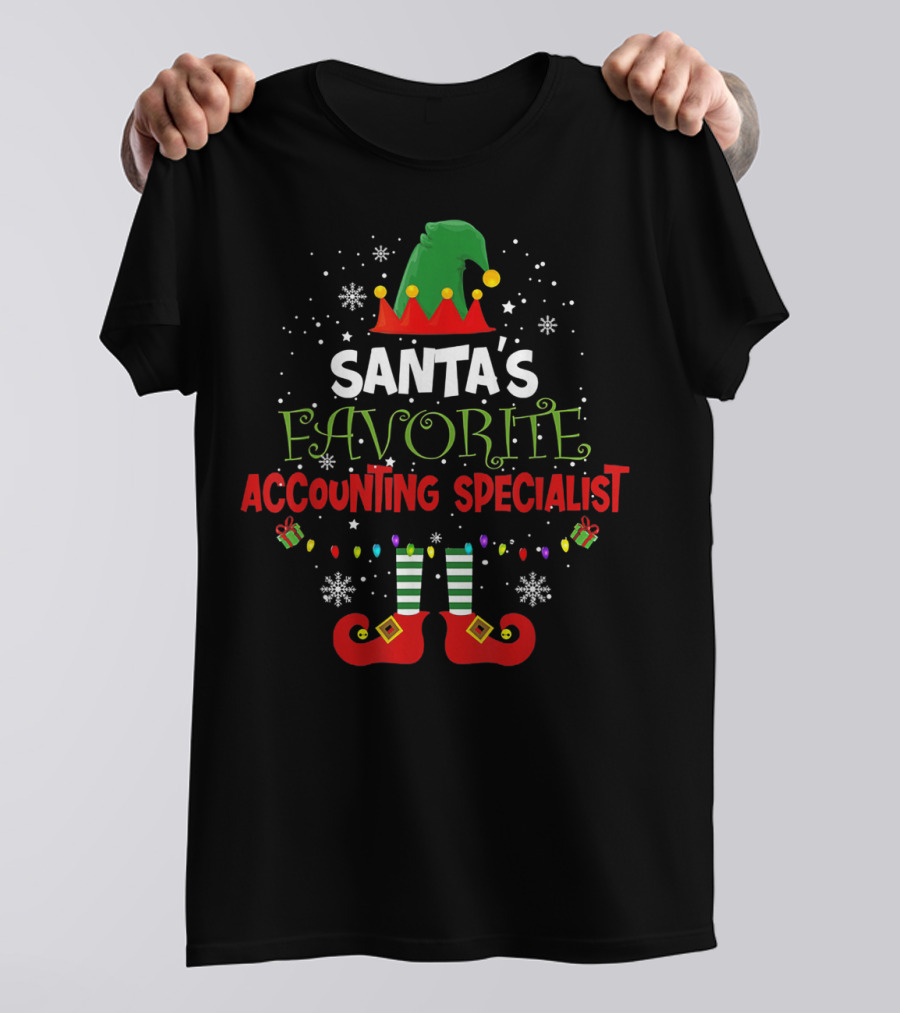 Santa's Favorite Accounting Specialist Elf Theme With Christmas Snowflakes And Gifts T-Shirt
