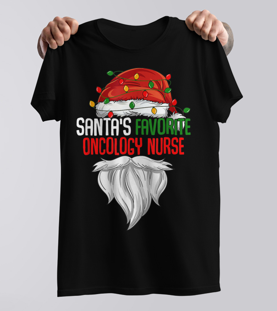 Santa's Favorite Oncology Nurse Christmas Lights And Beard T-Shirt