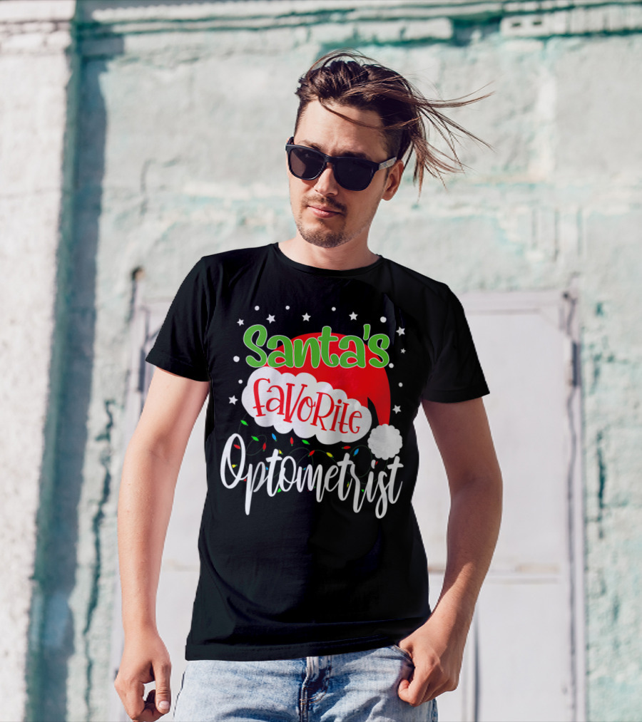 Santa's Favorite Optometrist Christmas Santa Hat And Lights T-Shirt