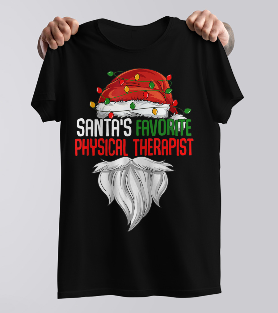Santa's Favorite Physical Therapist Christmas Lights Hat And Beard T-Shirt