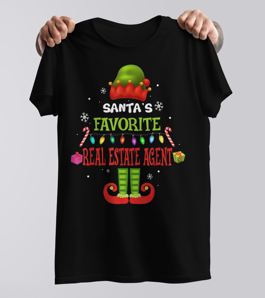 Santa's Favorite Real Estate Agent Christmas Elf Lights Candy Canes Gifts Snowflakes T-Shirt