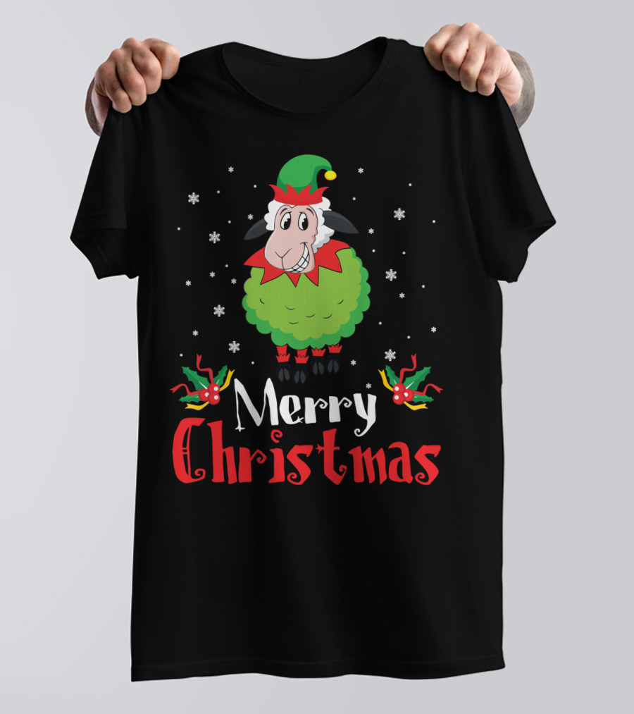 Merry Christmas Sheep In Elf Costume With Snowflakes T-Shirt
