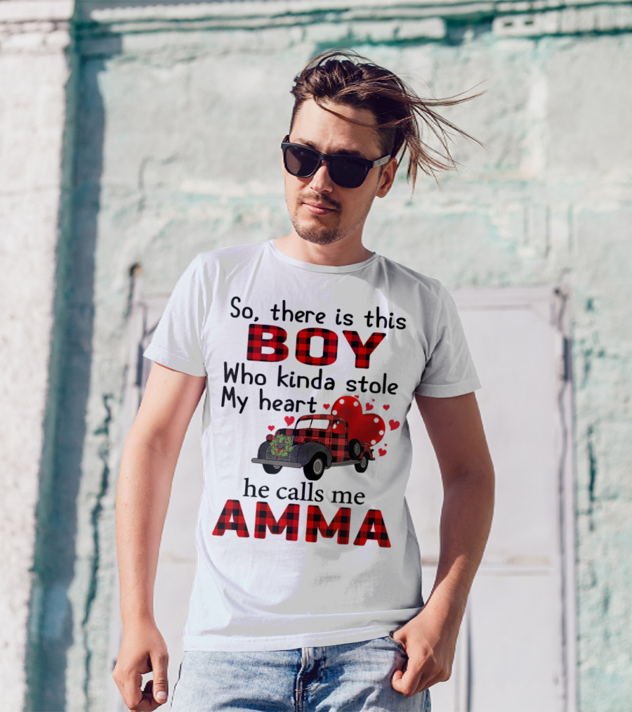 So There Is This Boy Who Kinda Stole My Heart He Calls Me Amma Red Plaid Truck Hearts T-Shirt