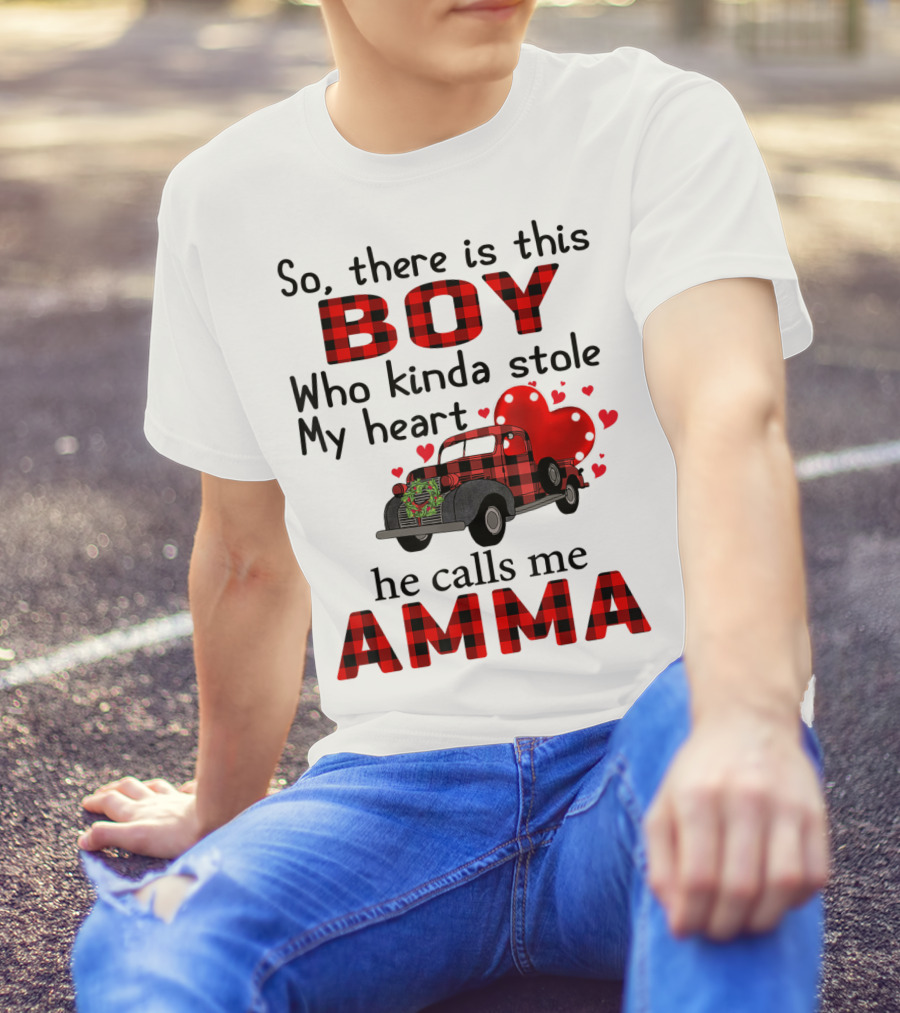 So There Is This Boy Who Kinda Stole My Heart He Calls Me Amma Red Plaid Truck Hearts T-Shirt